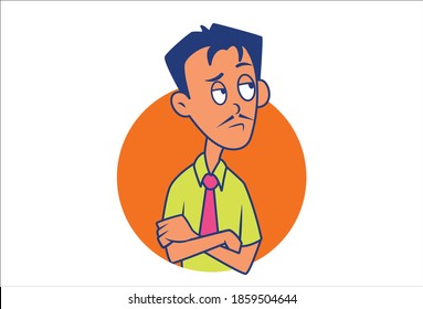 Vector cartoon illustration. Young man is standing annoyed. Isolated on white background.