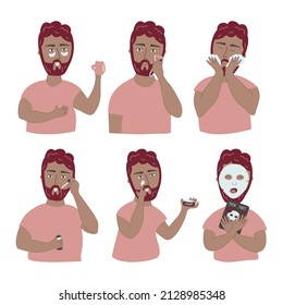 Vector cartoon illustration of a young man with a beard doing a skin care routine. Beauty routine concept moisturizing, anti-acne. Man using cosmetics and skin treatments