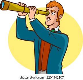 Vector cartoon illustration of Young man looking through binocular on white background