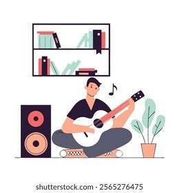 A vector cartoon illustration of a young man happily playing an acoustic guitar. Ideal for websites, blogs, music-related projects, and children's books needing a cheerful and