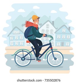 Vector cartoon illustration of Young man riding bicycle in urban landscape. Cold season: autumn, spring or winter. Healthy concept of ecological modern lifestyle