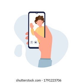 Vector cartoon illustration. Young mele are having video call using the smartphone. Human hand hold device and connect online communication. Grandma, grandpa