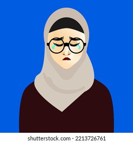 Vector cartoon illustration of a young muslim woman wearing hijab and glasses is sad and crying. Suitable for articles on psychology, mental health issues, and emotions.