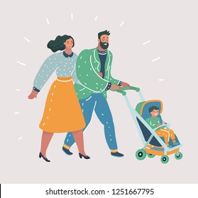 Vector cartoon illustration of young Parents Walking with Their Little Children Strolling with Baby Carriage, Spending Time Together Cartoon. Human Characters on white isolated bakcground.