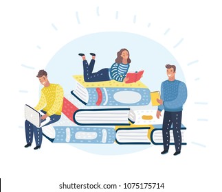 Vector cartoon illustration of Young people readers are sitting, standing, lying on stack of giant books or beside it and reading and studying. Literature fans and students.