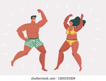 Vector cartoon illustration of Young people isolated on white background. Young men and woman dancing at party in beach clothes.