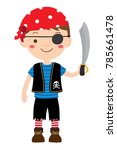 Vector cartoon illustration of young pirate boy with an eye patch holding sword isolated on a white background