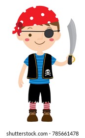 Vector cartoon illustration of young pirate boy with an eye patch holding sword isolated on a white background