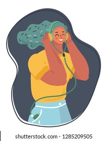 Vector cartoon illustration of young pretty woman in headphones listening music with closed eyes on dark background. Music lover relaxing when enjoying her favorite song on dark background.