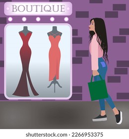 Vector cartoon illustration of a young pretty girl in comfortable stylish clothes looks at a bright showcase of a boutique with sexy fashionable dresses

