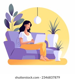 Vector cartoon illustration, a young pretty female freelancer in casual clothes sits on a comfortable sofa and works at a laptop. Cozy home environment. The concept of remote work.
