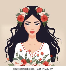 Vector cartoon illustration, a young pretty woman with long black hair, with a floral wreath and a bouquet of flowers in her hands.
