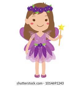 Vector cartoon illustration of young princess dressed in a fancy purple dress with wings and a flower crown isolated against white background