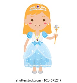 Vector cartoon illustration of young princess dressed in a fancy blue dress with a tiara and scepter isolated against white background