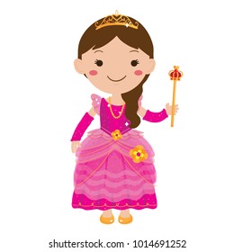 Vector cartoon illustration of young princess dressed in a fancy pink dress with a scepter isolated against white background