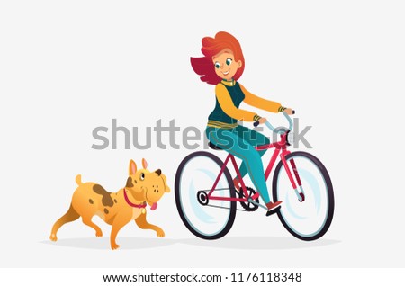 Vector cartoon illustration of young redhead woman riding a dog runs near her. Female cartoon character. Pets on a walk Isolated on a white background