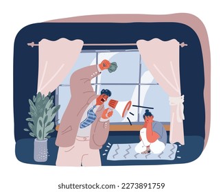 Vector cartoon illustration of Young sad afraid woman and her violent screaming man. Young couple fighting at home, boyfriend shouting at girlfriend. Stressed out couple having problems.