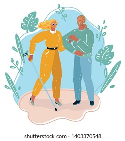 Vector cartoon illustration of Young smiling male volunteer helping and supporting blind woman, healthcare assistance and accessibility. Couple with disabled member together outdoor.