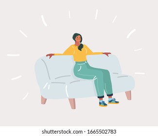 Vector cartoon illustration of Young smiling woman sitting on sofa. Young woman thinking at home in a leisure time. Happy girl relaxing at home.