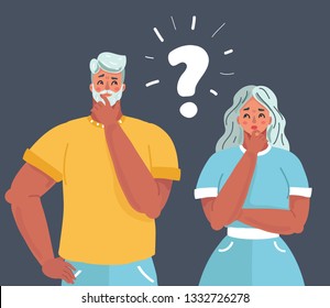 Vector cartoon illustration of Young troubled couple. Confused woman and man thinking together. People with question marks. Man and woman with question, doubt. Character on Dark Background