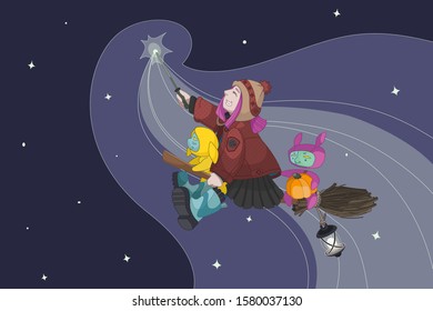 Vector cartoon illustration. A young witch flies on a broomstick in the company of magical helpers. A girl with pink hair flies on a coven. Starry sky and magic. Occultism. Samhain. Stock illustration