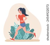 Vector cartoon illustration of a young woman jogging, a cute girl running in the park, concept illustration of a female athlete working out, healthy lifestyle, isolated on white.