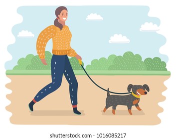 Vector cartoon illustration of young woman walking a dog in the park