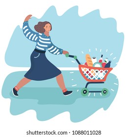 Vector cartoon illustration of Young woman run and pushing supermarket shopping cart full of groceries.