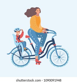 Vector cartoon illustration of Young Woman riding a bicycle with her cute Baby on white background. Woman take bike trip with her little son on child seat.