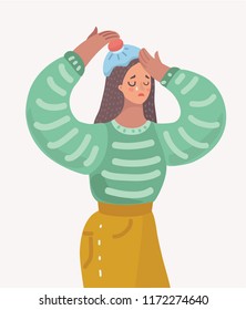 Vector cartoon illustration of Young woman with headache. Ice pach on head. Cry sad female charcter on white isolated background.