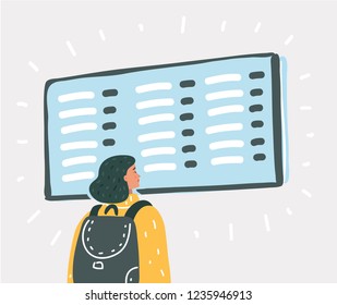 Vector cartoon illustration of Young woman waiting for a flight at the airport. Passenger standing at the airport and look at departure board.