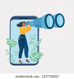 Vector cartoon illustration of young woman holding binoculars and looking out of the smartphone display, data collection, research. Human character and object on white background.