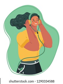 Vector cartoon illustration of young woman with closed eyes in headphones listening to the music and smiling.