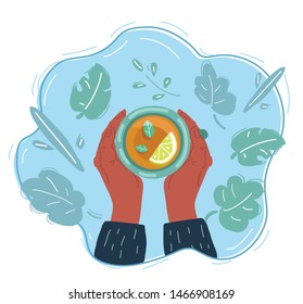 Vector cartoon illustration of young woman with cup of tea in her hands.