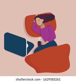 Vector cartoon illustration of young woman drinking tea or coffee in a bed and checking her laptop, top view