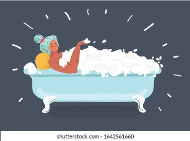 Vector cartoon illustration of Young woman is taking a bath full of foam before going to sleep. Girl in the bathroom in dark evening.