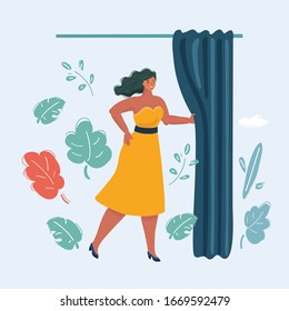 Vector cartoon illustration of young woman try new dress.