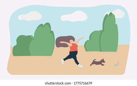 Vector cartoon illustration of a young woman walking a dog outdoors in a Park. Quarantine and self-isolation are over. Freedom.