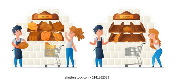 Vector cartoon illustration with young woman, customer who is surprised by empty shelves in bakery store. Seller shrugs his shoulders and can't help. Concept of crisis, yield reduction, etc.