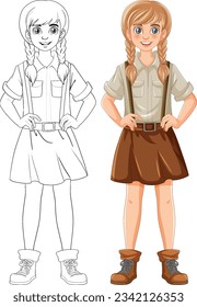 A vector cartoon illustration of a young woman wearing a suspenders skirt outfit