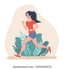 Vector cartoon illustration of a young woman jogging, a cute girl running in the park, concept illustration of a female athlete working out, healthy lifestyle, isolated on white.