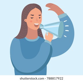 Vector cartoon illustration of young woman with loudspeaker making an announcement. Funny character on white isolated background.