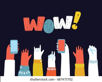 Vector cartoon illustration of youth crowd hands manifesting new generation. Raise high up fists, a lot of hands of young people boys and girls with different gestures, smartphone. Concept banner, Wow