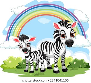 A vector cartoon illustration of a zebra family standing on a green glass and rainbow background.