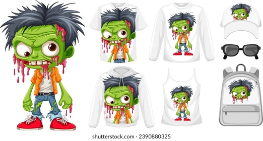 A vector cartoon illustration of a zombie character with a variety of products on display