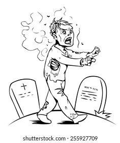 Vector cartoon illustration of zombie on a graveyard