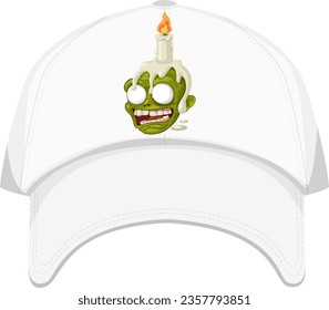Vector cartoon illustration of a zombie skull with a candle for a secret spell screening on a cap