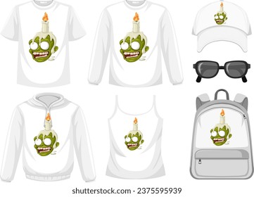 Vector cartoon illustration of a zombie skull with a lighting candle for secret spell screening on various products