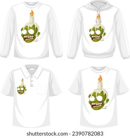 Vector cartoon illustration of a zombie skull with a candle for a secret spell screening on a shirt
