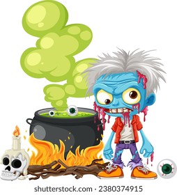 A vector cartoon illustration of a zombie standing beside a witch's potion